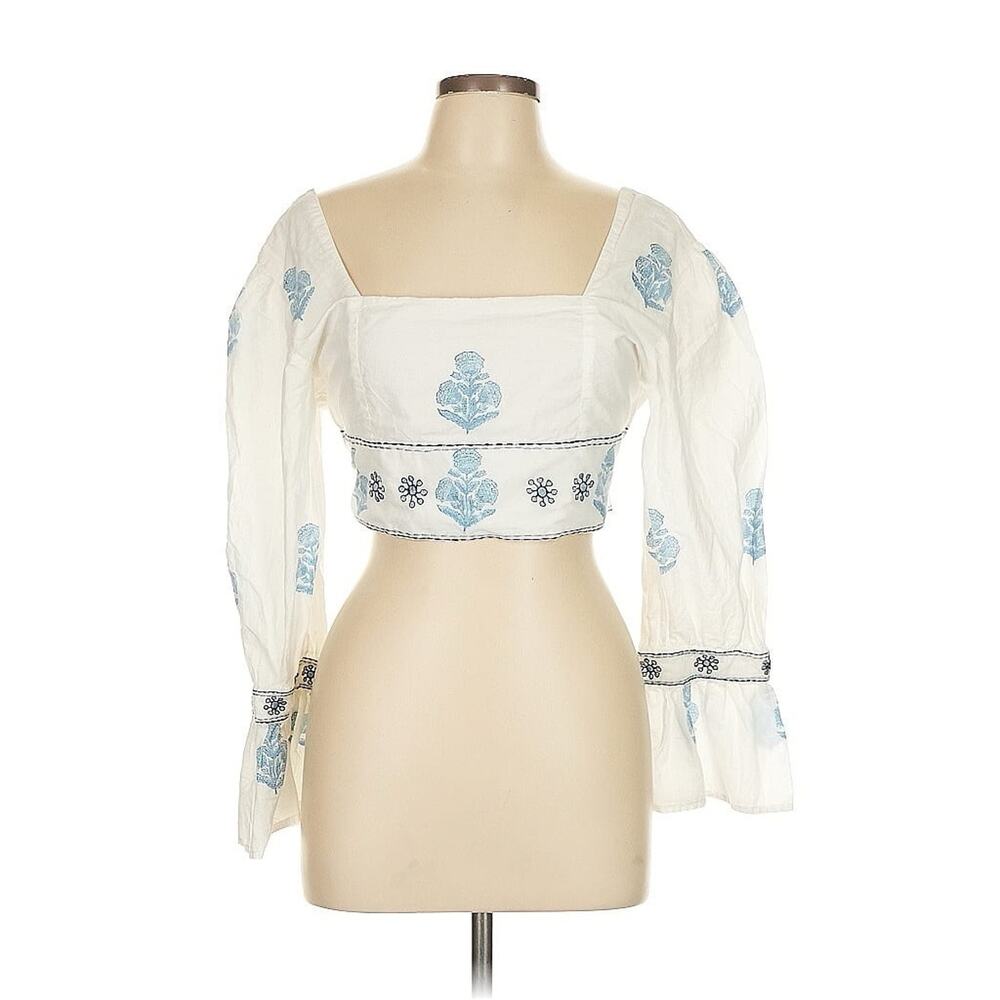 NWOT Madison Mathews White Blue Embroidered 3/4 Sleeve Crop Top Boho Large
